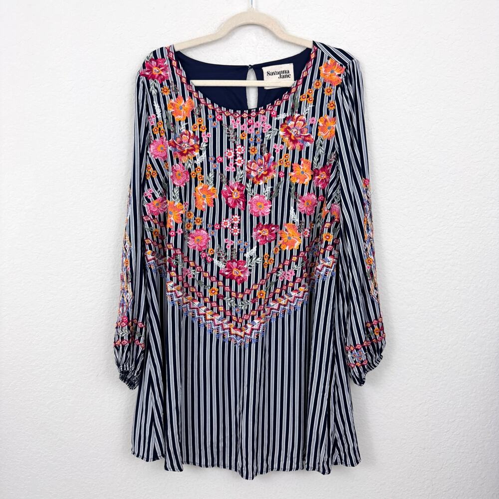Savanna Jane Womens Mini Dress Size 1X Flowy Embroidered Boho Floral Striped